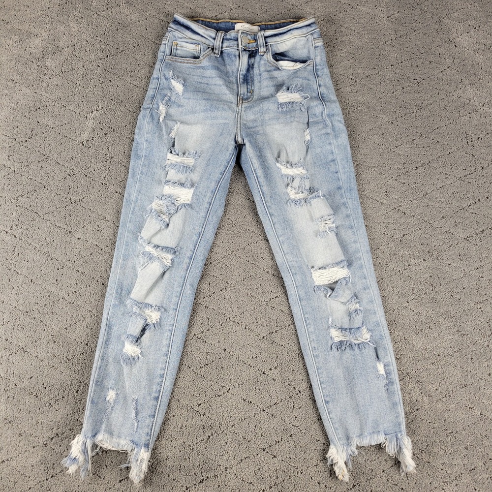 KanCan Jeans Womens 26 Blue Skinny Ankle Distressed Ripped Raw Hem Stretch Denim